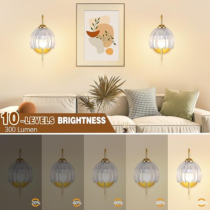 Vintage Battery Operated Wall Sconce with Flower lampshade,Rechargeable Battery Powered Wall Lights,Wall lamp with 15 Colors for Bedroom Living Room Home Decor (Clear Tulip, 2 Light Battery Operated)