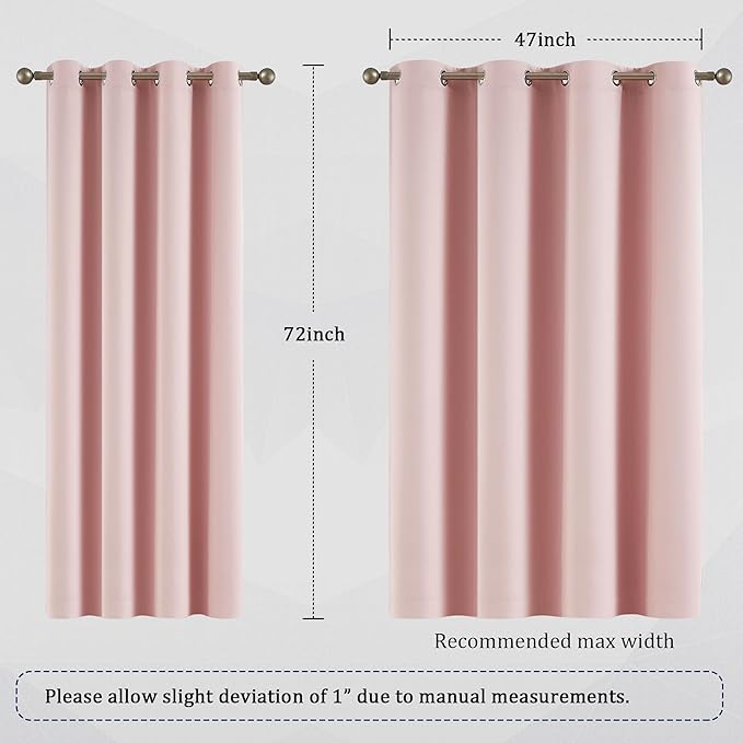 DUALIFE Pink Curtains for Bedroom 72 Inch Length Room Darkening Curtain for Girls Room Decoration Baby Pink Thermal Insulated Blackout Window Drape 52''x72'' Set of 2 Panels Grommet Top