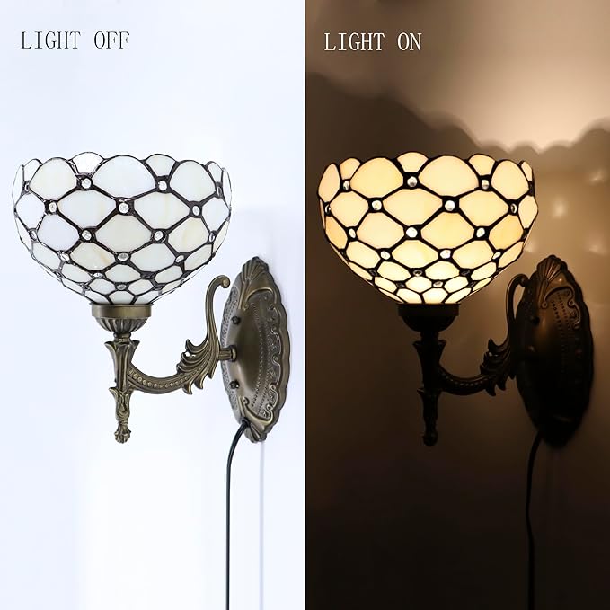 Tiffany Sconce Lamp Stained Glass Wall Lamp,8X10.5X11 Inch Plug in Wall Bedside Light for Hallway Bedroom (Cream Bead)