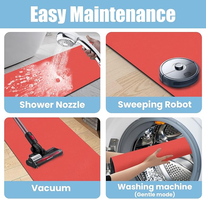 Extra Long Bathroom Rugs Diatomaceous Earth Bath mat Super Absorbent Quick Dry Non Slip Bath Mat Thin Runner Rug Fit Under Door-Shower Rug for in Front of Bathtub Shower, Red, 23.6"x47.2"