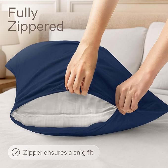 Ultra Soft Pillow Protectors with Zipper Standard Size - Set of 4 Breathable Pillow Covers - 100% Protection Against Stains, Dust & Dirt - Machine Washable (Navy Blue)