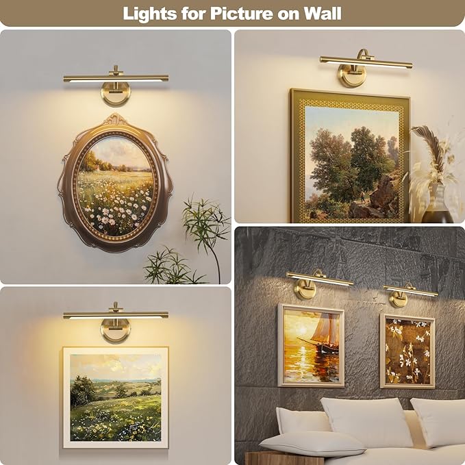 Modern Dimmable Picture Lights for Wall 15.75 Inch Hard-Wired LED Picture Frame Lights for Paintings Gallery Light with Adjustable Swing Arm Display Lights For Artwork, 7W, 2700K, Warm White - Brass