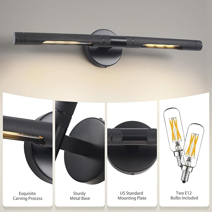 Hardwired Black Picture Light,23.6in Knurled Wall Lights for Pictures,Rotatable 360° Picture Frame Light Modern Gallery Light for Living Room Bathroom Study Room Hallway E12 Bulbs Included