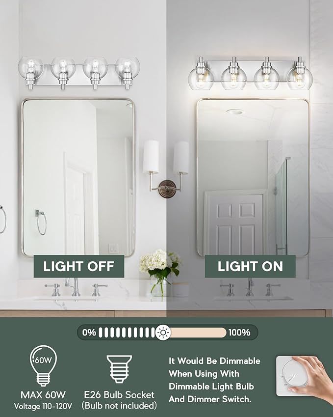 Bathroom Light Fixtures, 4 Light Brushed Nickel Vanity Light, 26 Inch Modern Wall Sconces with Globe Clear Glass Shade, Vanity Lighting Fixtures Over Mirror, VL195-BN-CL-4