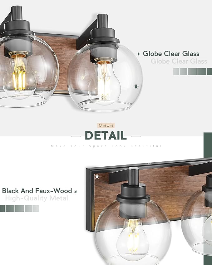Bathroom Light Fixtures, 3-Light Black and Faux-Wood Finish Bathroom Vanity Light, Farmhouse Wall Sconces with Globe Clear Glass Shade, Vanity Lighting Fixtures Over Mirror, VL195-WB-3