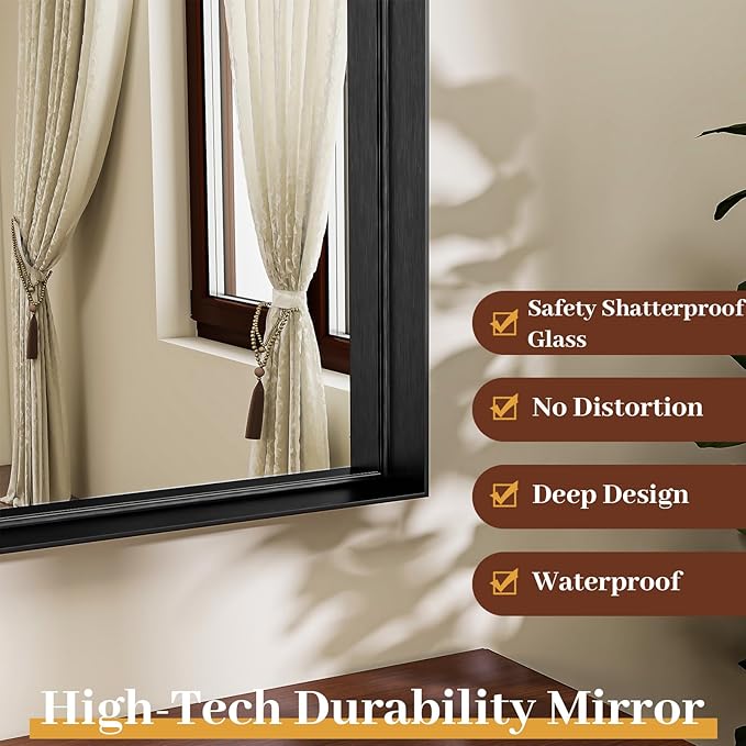 20" x 30" Luxury Arched Bathroom Mirror - Arch Wall Mirror with Shatterproof Tempered Glass and Metal Deep Frame, Hanging or Leaning for Living Room, Dresser, Entrance and Hallway, Black