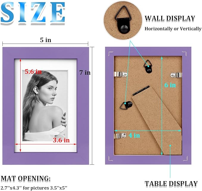 Egofine 4x6 Picture Frames 4PCS Covered by Plexiglass for Picture 3.5x5 with Mat or 4x6 whitout Mat Made of Solid Wood for Table Top Display and Wall Mounting Photo Frame, Purple