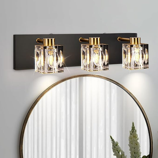 Modern Crystal Vanity Lights,3 Light Bathroom Vanity Light fixtures,Black and Gold Bathroom Lights Over Mirror,Wall Sconces Light for Bathroom,Hallway Bedside Stairway