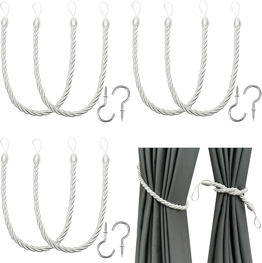 BEL AVENIR Curtain Ropes Tiebacks Tie-Backs, Curtain Handmade Holdbacks with 6 Metal Screw Hooks(White,6p)