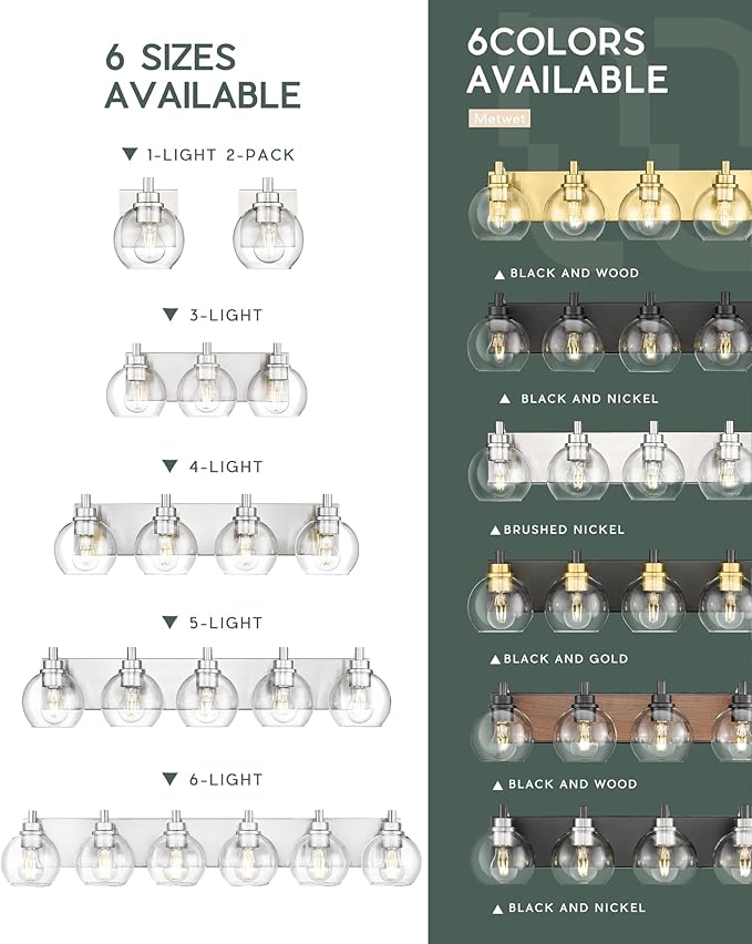 Bathroom Light Fixtures, 5 Light Brushed Nickel Vanity Light, 32 Inch Modern Wall Sconces with Globe Clear Glass Shade, Vanity Lighting Fixtures Over Mirror, VL195-BN-CL-5