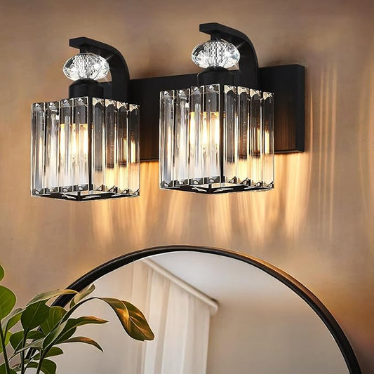 Modern Bathroom Vanity Light, 2-Light Black Bathroom Lighting Fixtures Over Mirror, 12.6" Crystal Wall Light Sconce for Bathroom/Bedroom/Vanity, Includes LED Bulbs, Easy Installation
