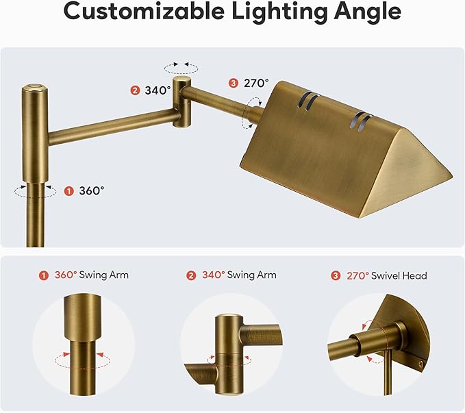 VONLUCE Dimmable LED Floor Lamp, 56" Floor Lamp for Living Room with Adjustable Height Swing Arms 3 Color Temperatures, Industrial Standing Pole Lamp for Bedroom Reading, Antique Brass