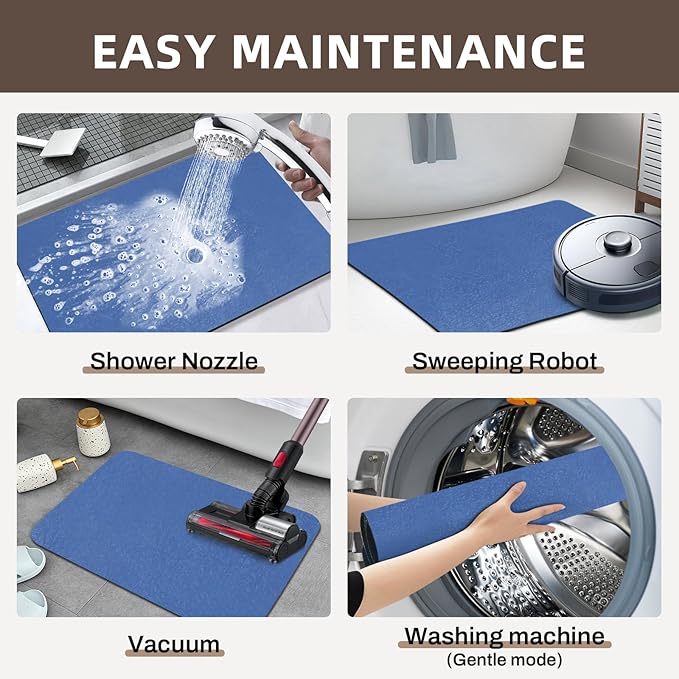 Diatomaceous earth bath mat Bathroom Rugs Sets 3 Piece Super Absorbent Quick Dry Bath Mats, Rubber Non Slip Shower Mat and Toilet Mat U Shape, Shower Rug for in Front of Bathtub Shower, Blue