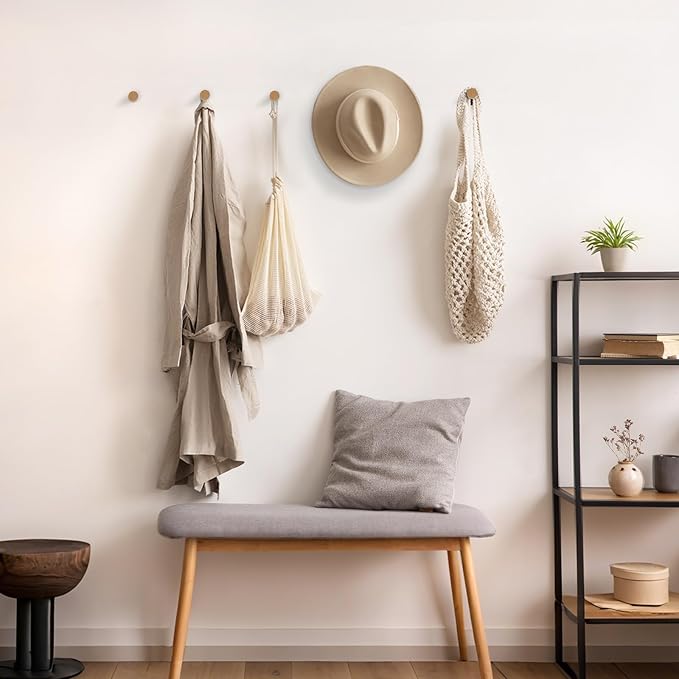Wood Wall Hooks for Hanging, 6 Pack Rustic Coat Hooks Wall Mount, Handmade Wooden Pegs Hat Hook, Entryway Walls Hanger for Coat Purse, Boho Bathroom Towel Rack (Beech Wood)