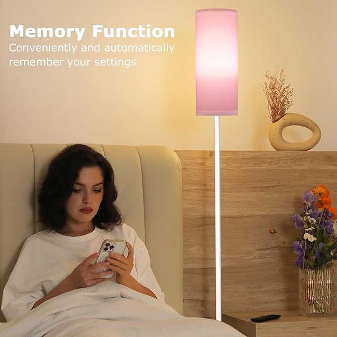 Ambimall 64'' Floor Lamps for Living Room with Remote Control and Stepless Dimmable Colors Temperature & Brightness, 9W Bulb Included(Pink Lampshade & White Pole)