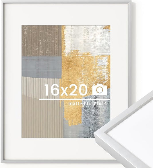 16x20 inch Metal Picture Frame - 16 x 20 Thin Aluminum Photo Frames with 11x14 Removable Mat - High Definition Plexiglass - Vertical and Horizontal Display - Wall Hook Hanging Hardware Included - Silver, Set of 1