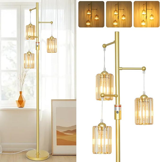 Boho Gold Crystal Floor Lamp, 3 Lights Vintage Dimmable Standing Lamp with Amber Crystal Shade, Dimmer Switch, Mid Century Modern Tree Lamp, 65IN Brass Tall Corner Lamps for Living Room Bedroom