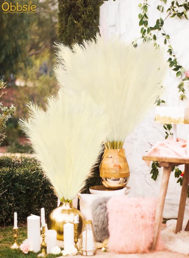 35" Faux Pampas Grass Decor, 8pcs Large Tall Fluffy Artificial Pompous Grass Branches Floral Fake Pompas Grass Bulrush Floor Vase Filler Flower Arrangement for Home Wedding Boho Decor Beige