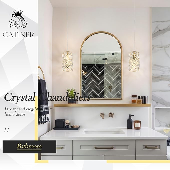 1-Light Gold Crystal Pendant Light, Mini Ceiling Hanging Light Fixture with K9 Prisms for Kitchen Island, Bathroom, Bedroom, or Bar