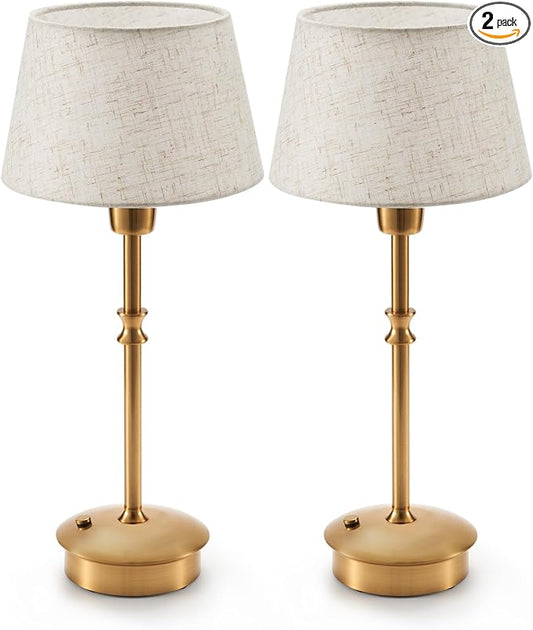 UMEXUS Small Cordless Lamp Rechargeable Table Lamps Set of 2, Dimmable Battery Operated Lights, Portable Accent Light for Side Table Restaurant Dining Outdoor, Beige Fabric Shade, Antique Brass