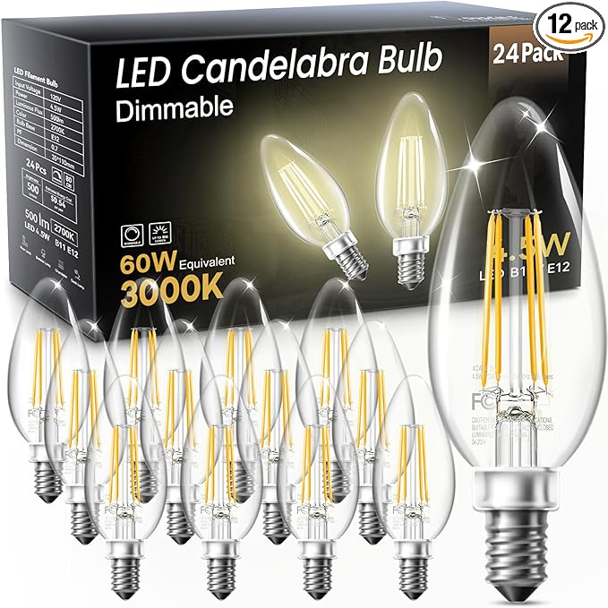 TJOY LED Candelabra Bulbs Dimmable, 60W Equivalent Chandelier Light Bulb, E12 Small Base, 4.5W 3000K Soft White, B11 Vintage Filament Clear Glass Candle Light for Ceiling Fan Chandeliers, 12Pack
