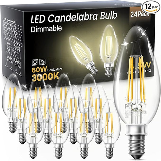 TJOY LED Candelabra Bulbs Dimmable, 60W Equivalent Chandelier Light Bulb, E12 Small Base, 4.5W 3000K Soft White, B11 Vintage Filament Clear Glass Candle Light for Ceiling Fan Chandeliers, 12Pack