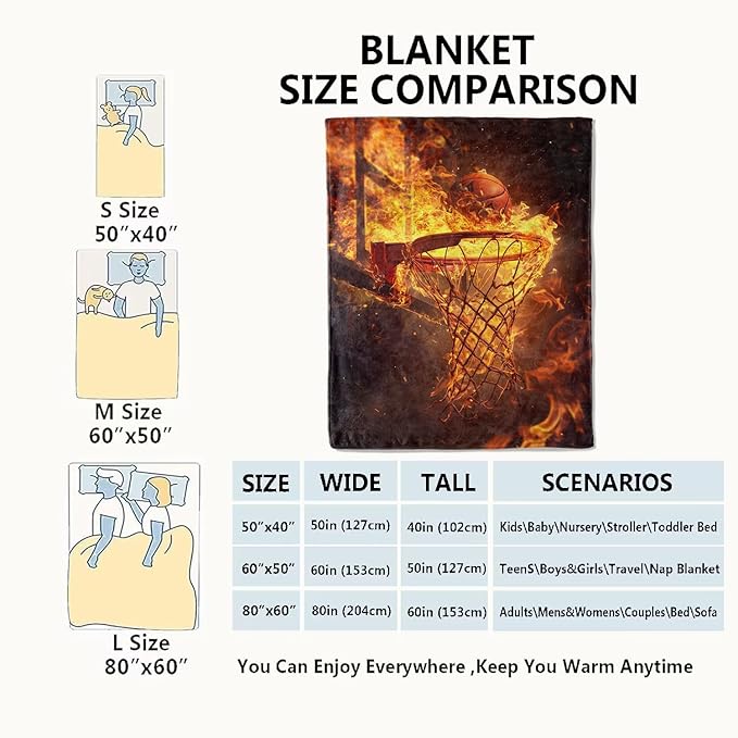 Fiery Basketball Blanket Dynamic Ball Hoop in Flames Throw Blankets,Birthday Gifts for Adult & Sport Lovers,Lightweight Soft Fleece for Sofa Couch Bed Room Travel Decor 50x60in