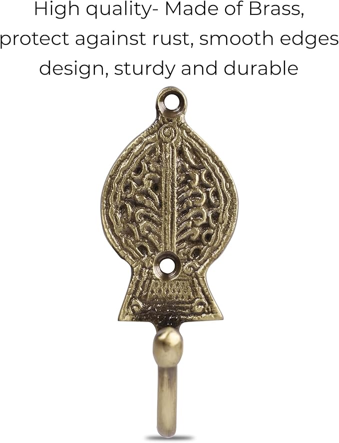 Multipurpose Hooks, Used to Hang Clothes, Bags, Coats, Curtain Hold Backs, Keys, Colour - Antique Gold, Material - Brass, Retro Design, Screws and Wallplugs Included, Pack of 4 Pieces