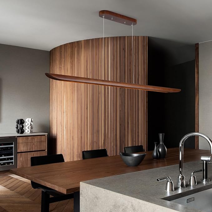 71" Wood Linear Pendant Light, Dimmable Kitchen Island Lighting with Remote, 40W LED Island Lights for Kitchen, Adjustable Linear Chandelier for Dinning Room Light Fixture, Bar, Pool Table Light