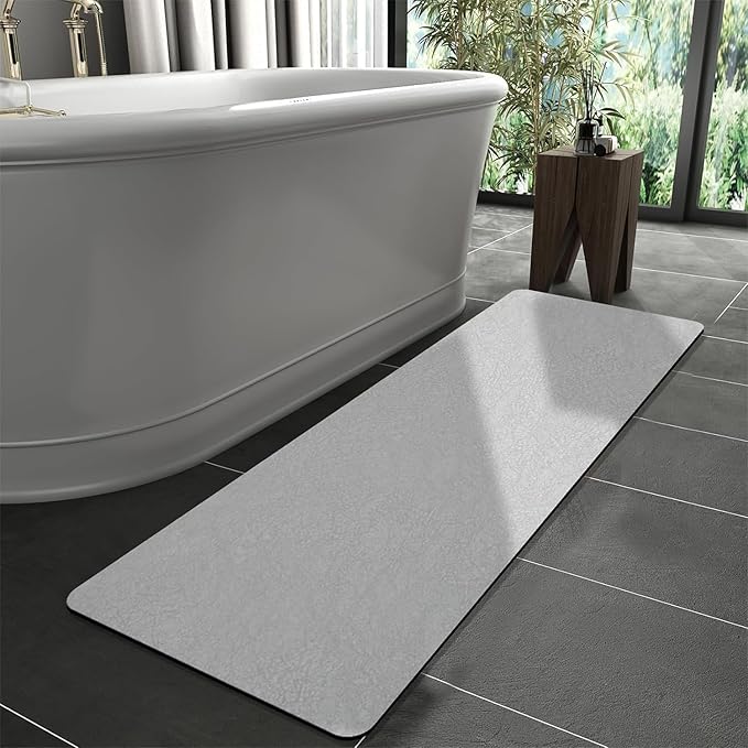 Extra Long Bathroom Rugs Diatomaceous Earth Bath mat Super Absorbent Quick Dry Non Slip Bath Mat Thin Runner Rug Fit Under Door-Shower Rug for in Front of Bathtub Shower, Grey, 23.6"x47.2"
