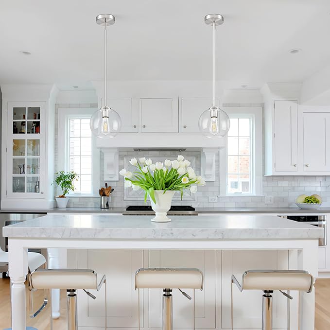 7 Inch Nickel Modern Pendant Lights Kitchen Island Mid Century Modern Pendant Light Fixtures with Clear Glass Globe Modern Hanging Pendant Light for Bathroom Bedroom （Bulb Incl）