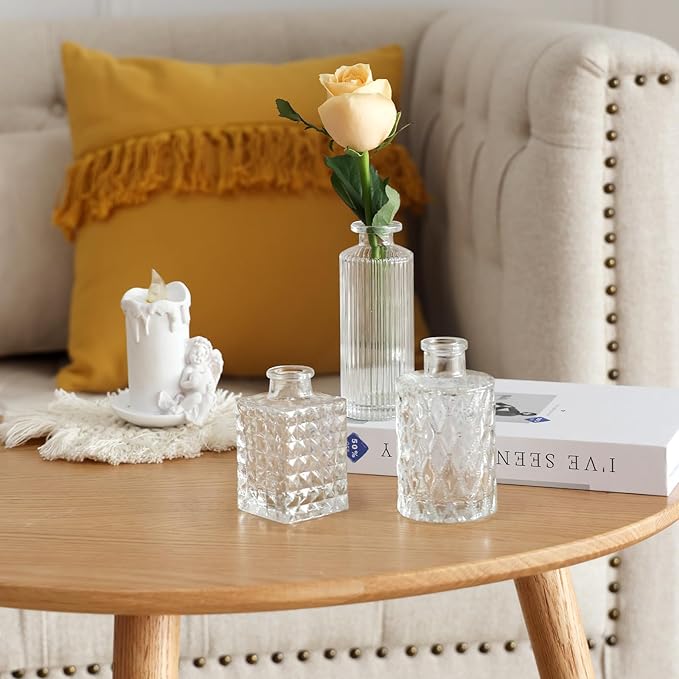 CUCUMI 24 Small, Glass Bud Vase Set for Flowers in Bulk for Rustic Wedding Decorations Vintage Look Home Table Decor, Centerpieces, Clear