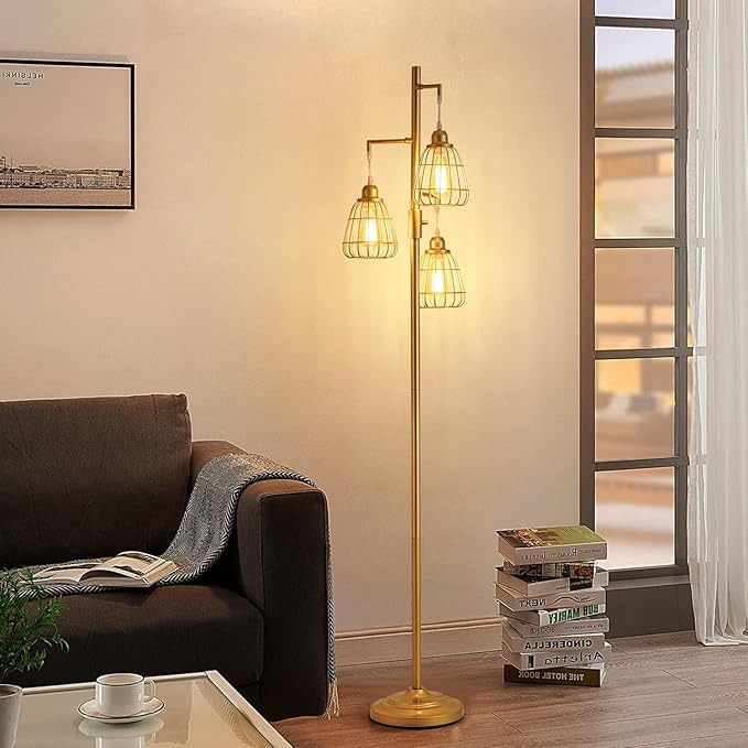 9MMML Gold Dimmable Floor Lamp,Industrial Farmhouse Tall Standing Floor Lamp for Living Room, Bedroom, Corner,Office,Gold 3 Teardrop Cage Lampshade,68”Height,3 LED Bulb Included
