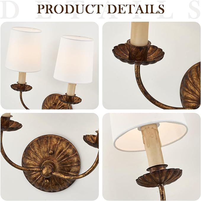 2-Lights Fabric Wall Sconces Antique Brushed Brass Wall Lights with Melted Candle Classic Mid Century Wall Lamp for Hallway Vanity Bedside Doorway, UL Listed