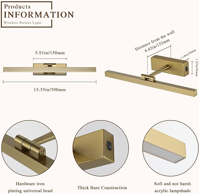 Joosenhouse Battery Operated Picture Light Wireless Gallery Light with Remote Control Rechargeable Wall Lights Brass 15.35" Dimmable and Timed Off Wall Sconce Light