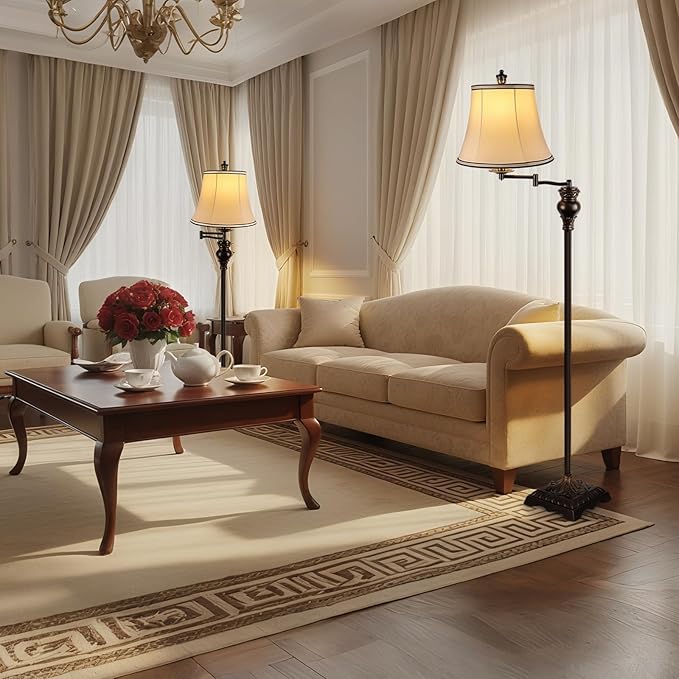 PARTPHONER Vintage Floor Lamps for Living Room,Traditional 350° Adjustable Swing Arm Farmhouse Floor Lamp for Bedroom, Rustic Standing Lamp Pole Lamps for Reading, Home Décor and Office, Brown