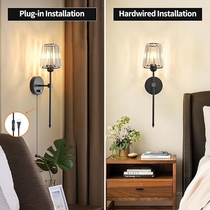 Crystal Wall Sconces Set of 2, Dimmable Wall Sconce with Plug in Cord and Dimmer Matte Black Plug in Wall Lamp Wall Mounted Light with Crystal Shade for Living Room Bedroom Vanity Light Bulbs Included