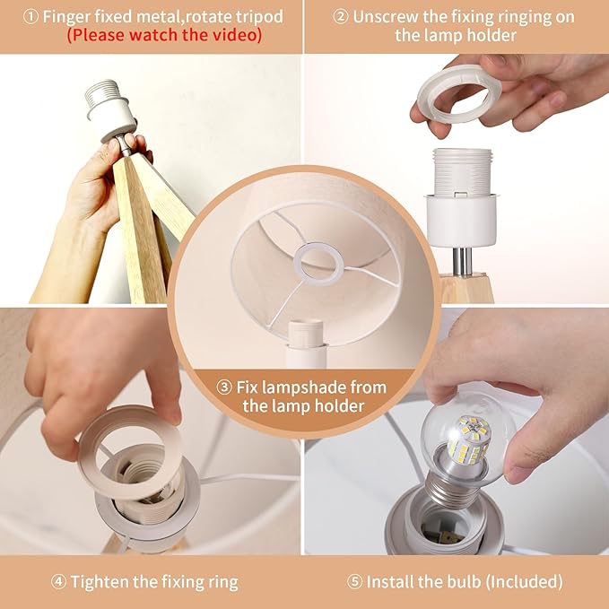 Table Lamp,Small Tripod Desk Lamp with Linen Fabric Lampshade,14.9",Tri-Color 5W Wooden Table Lamp for Living Room,Kids Room,Nursery