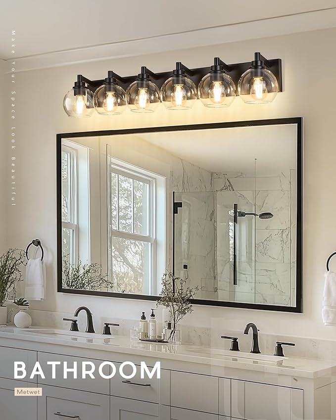 Bathroom Light Fixtures, 6 Light Matte Black Vanity Light, 38 Inch Modern Wall Sconces with Globe Clear Glass Shade, Vanity Lighting Fixtures Over Mirror, VL195-MB-6