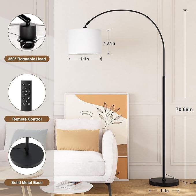 Ambimall Dimmable Arc Floor Lamp with Remote, Color Temperatures and Brightness Adjustable, Arched Floor Lamp with Rotating Head, Over Couch Arched Reading Light for Living Room (White and Black)