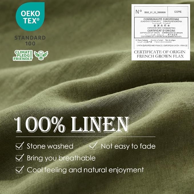 Simple&Opulence 100% Linen Pillow Case King Size Set of 2, Olive Green Pillow Covers with Overlap Closure, Luxury Breathable Pillowcases Protectors Suitable for All-Season (20" X 36", Olive Green)