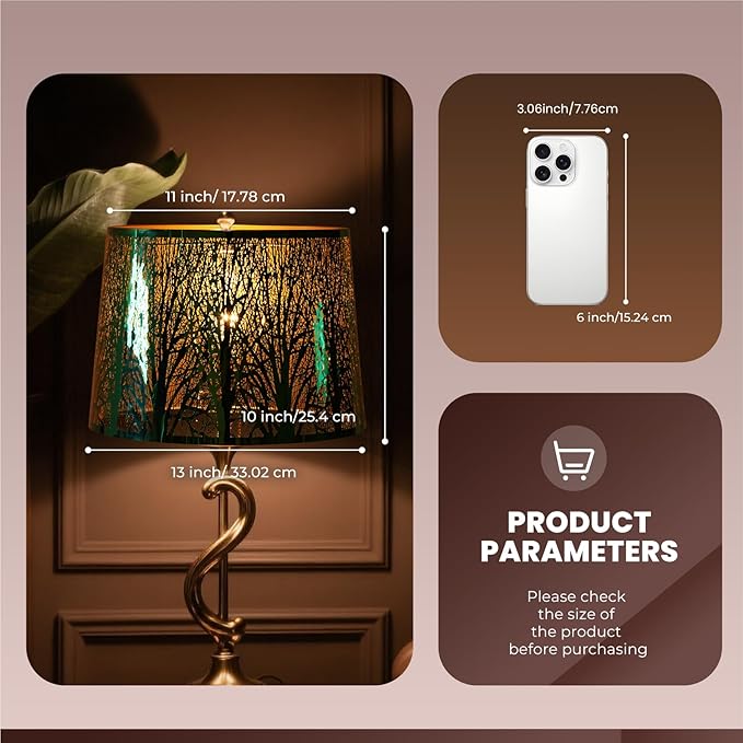 ALUCSET Stainless Steel Large Lampshade, Drum Lamp Shade 11" Top x 13" Bottom x 10" High, Large Lamp Shades for Table and Floor Lamps, Green Polished Etched Forest Replacement Shade, Spider Fitter