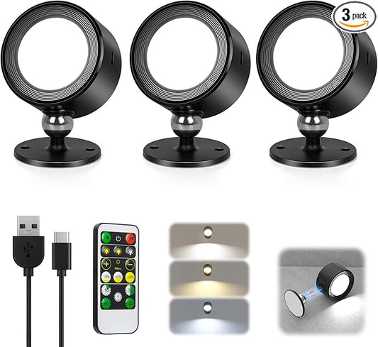 LED Wall Lights, Wall Lamp 3 Color Temperatures & Dimmable Magnetic 360° Rotation with Remote, Wall Sconces 3 Pcs with 3000mAh Rechargeable Battery, Cordless Wall Light for Reading Bedside Hallway