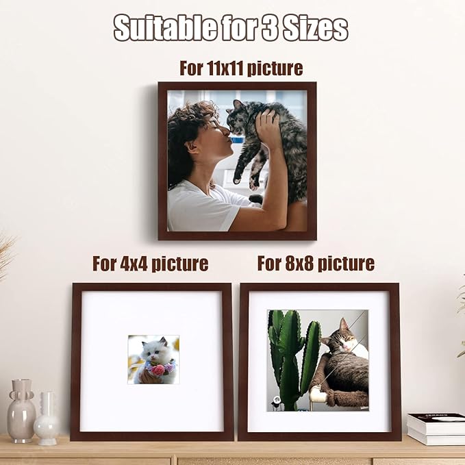Egofine 11x11 Picture Frames 4 Pack Covered by Plexiglass, Display Pictures 8x8 with Mat or 11x11 Without Mat Made of Solid Wood for Table Top Display and Wall Mounting Photo Frame, Walnut Color