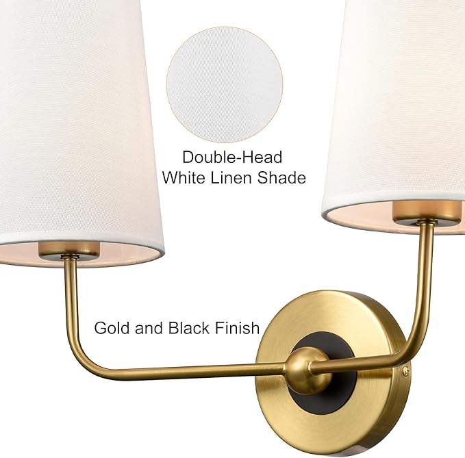 DAYCENT Modern Gold Wall Sconce with Fabric Shade 2-Light Armed Sconces Wall Lighting Double Brass Sconce for Bathroom Vanity Bedroom Hallway Living Room Stairway