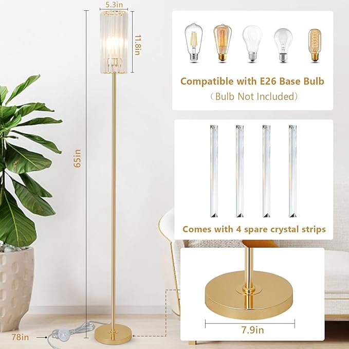 HMVPL Gold Floor Lamp for Living Room, Brass Pole Standing Lamp with K9 Crystal Shade, Modern Corner Standing Lamp for Bedroom with On/Off Switch, Elegant Crystal Tall Lamp for Office Kids Girls Room