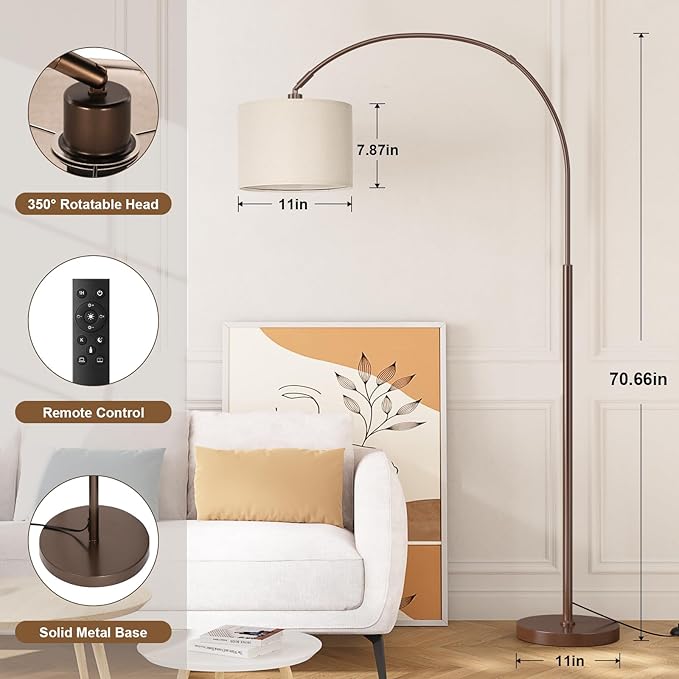 Ambimall Dimmable Arc Floor Lamp with Remote, Color Temperatures and Brightness Adjustable, Arched Floor Lamp with Rotating Head, Over Couch Arched Reading Light for Living Room (Deep Beige and Brown)