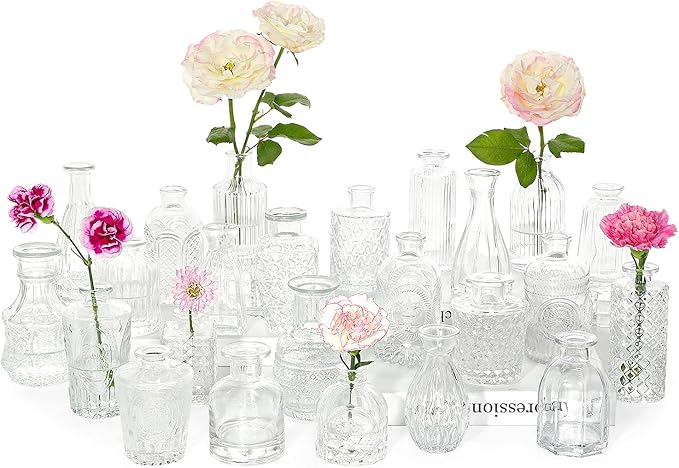 24pcs Glass Bud Vase Set, Small Clear Flower Vases for Centerpieces in Bulk, Mini Vintage Vase for Wedding, Home,Table Decoration