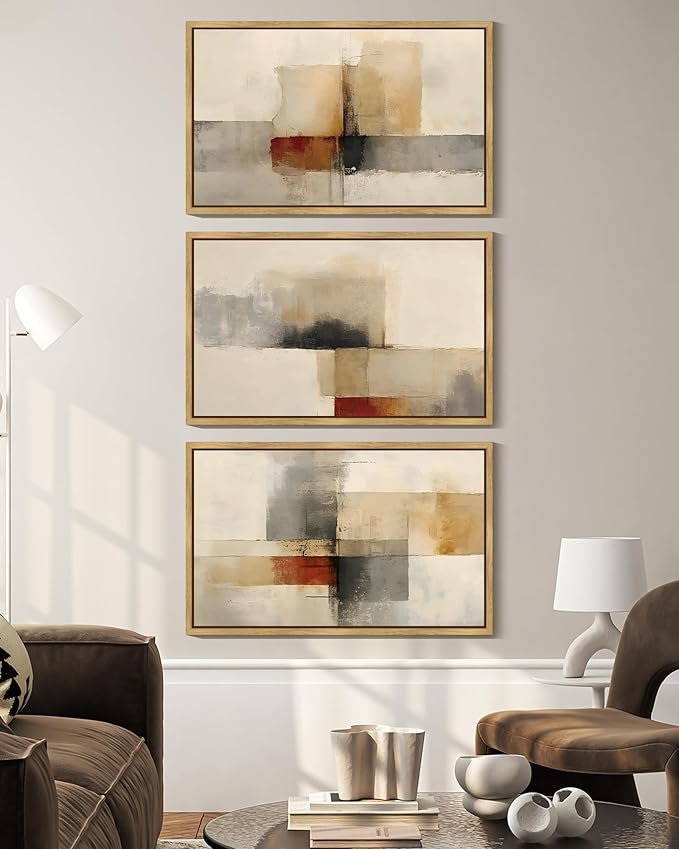 KUVIOKE Framed Abstract Wall Art Minimalist Beige Gray Red Pastel Watercolor Wall Decor Modern Neutral Art Print Home Decor 16x24in (Natural Framed)