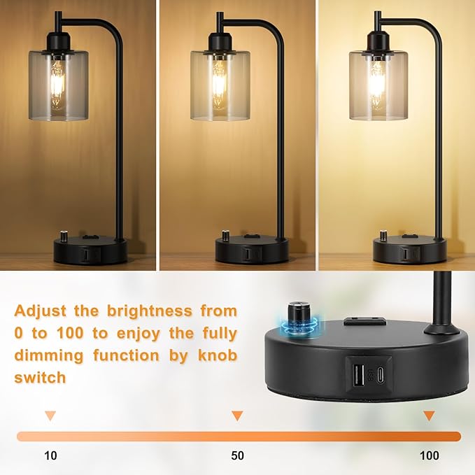 Industrial Desk Lamps for Office Set of 2 - Fully Dimmable Bedside Lamps with USB A C Ports and Outlet, Black Nightstand Lamps with Grey Glass Shade for Living Room, Table Lamps for Bedrooms Reading